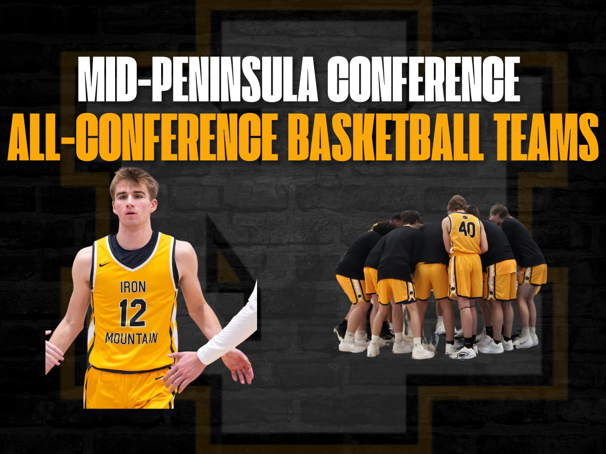 Graphic - black brick background with IM logo transparent overlay; text "Mid Peninsula Conference All-Conference Basketball Teams" Picture of Brayden Kassin and the IM Boys Basketball team huddled.